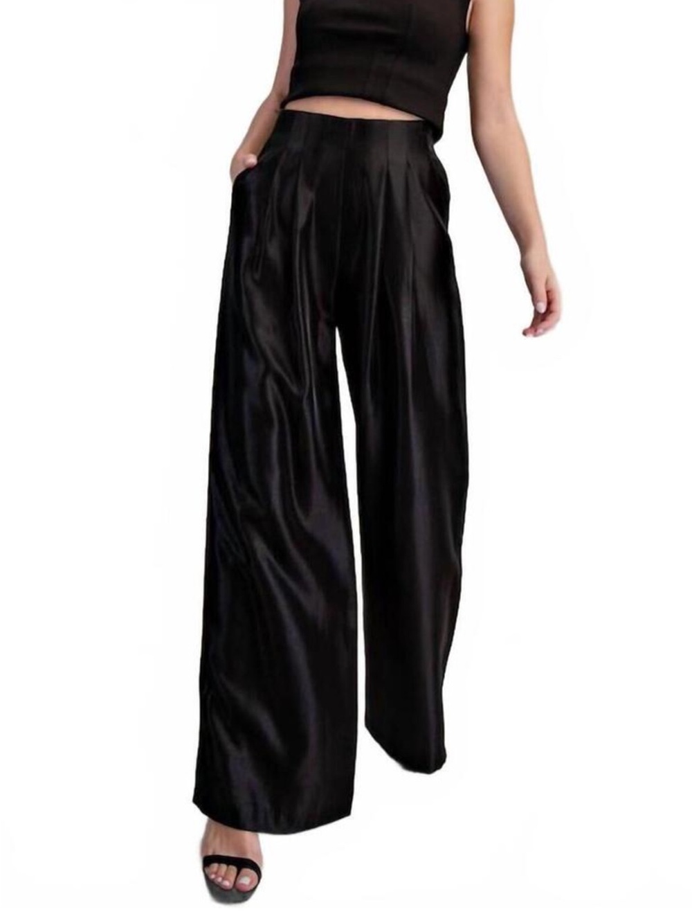 glam Black Wide-Leg Satin Pants